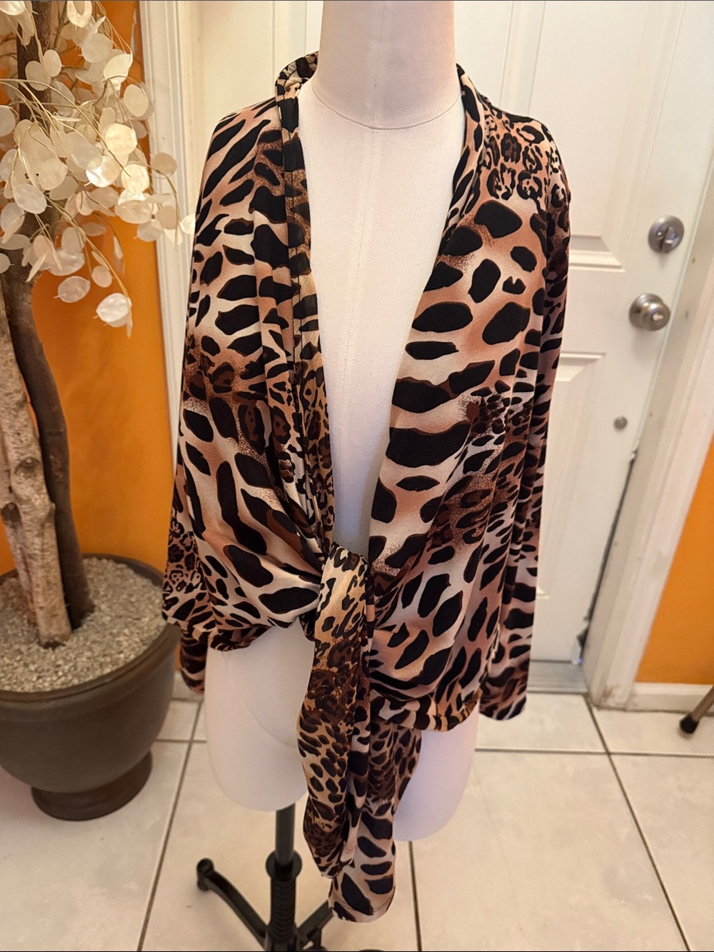 Leopard Print Tie-Front Shawl - Women Accessories